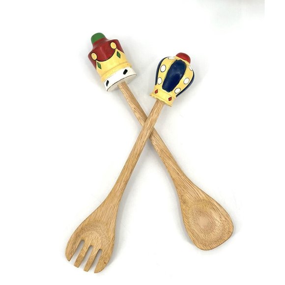 Vintage King & Queen Wooden Salad Serving Set Fork And Spoon Hand Painted Wood - Picture 7 of 9